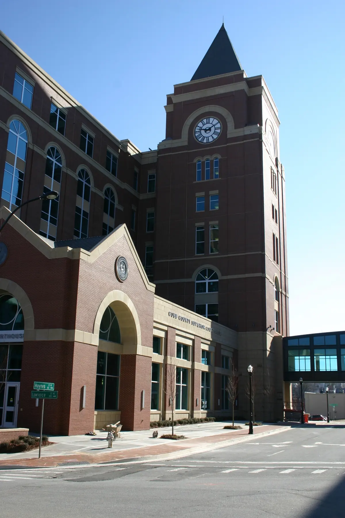 The Cobb County Superior Court building in Marietta, brick with a clock tower