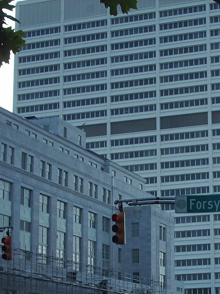 The Richard B. Russell Federal Building and U.S. Courthouse, a tall white tower in downtown Atlanta